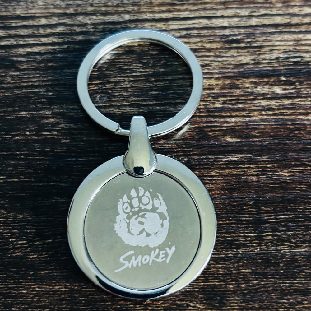 Smokey Bear Paw Print Metal Keychain Silver Tone Round Fob Mascot Accessory